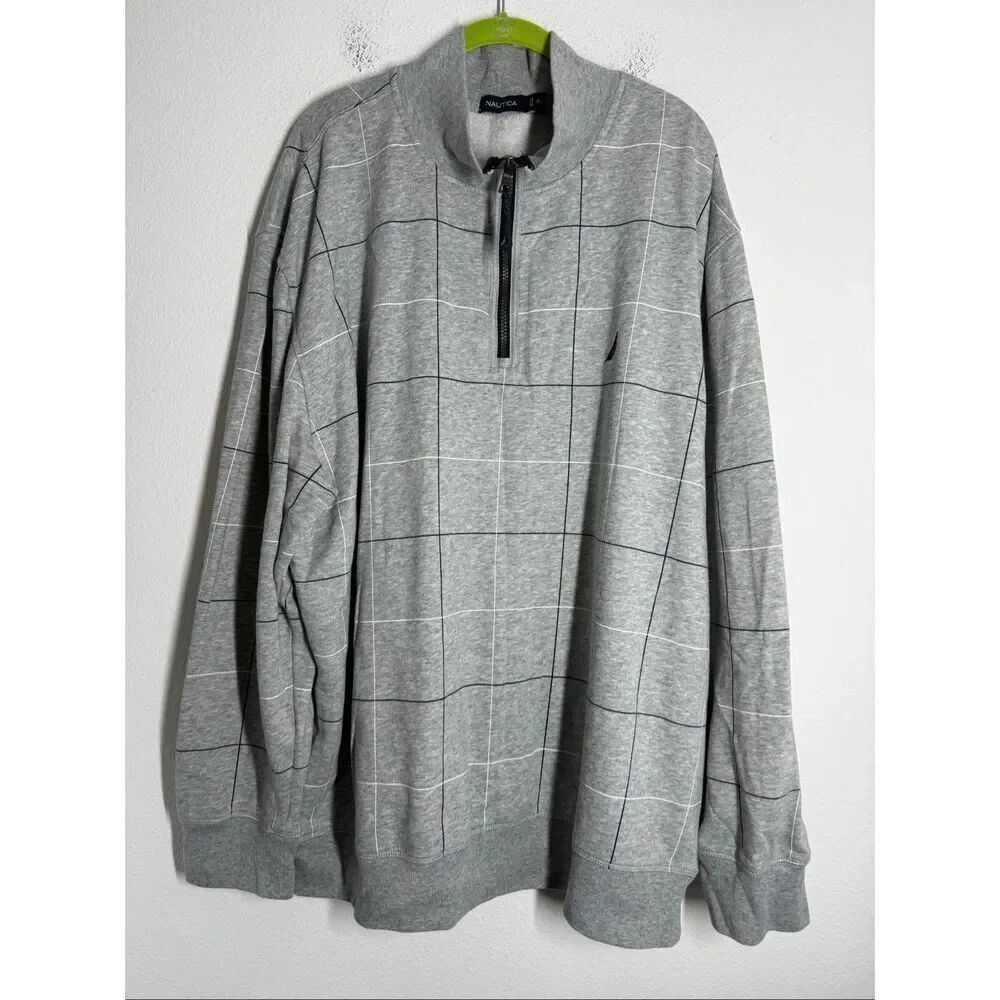 Men's Nautica Gray Windowpane Mock Neck 1/4 Zip Long Sleeve Sweater Size 3XL